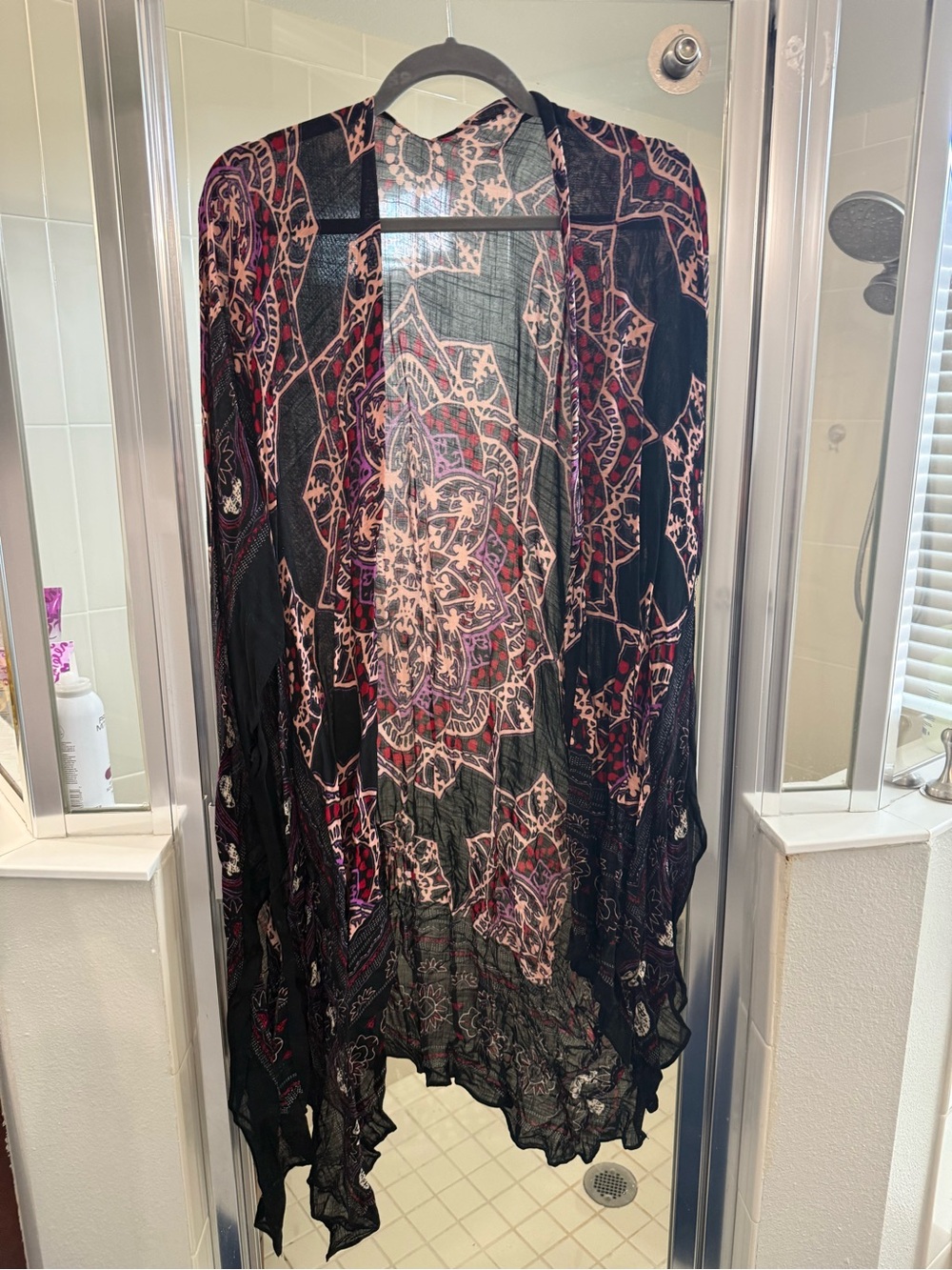 lovestitch Black Sheer Kimono with Pink & Burgundy Print